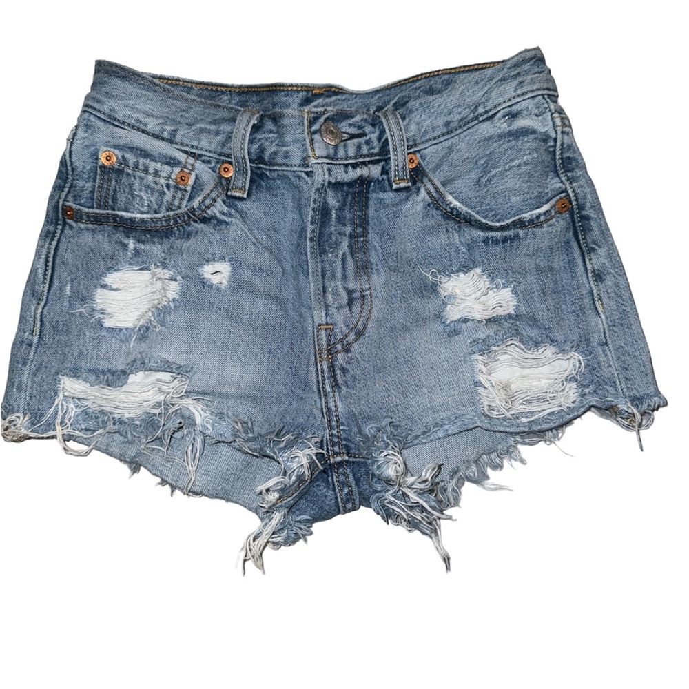 Levi's 501 's Size 24 Mid Wash Raw hems Distressed Festival Cut Shorts High Rise